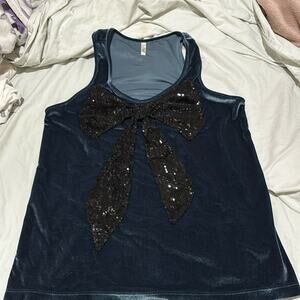 Deep blue velvet tank L large black sequined bow on front stretchy euc